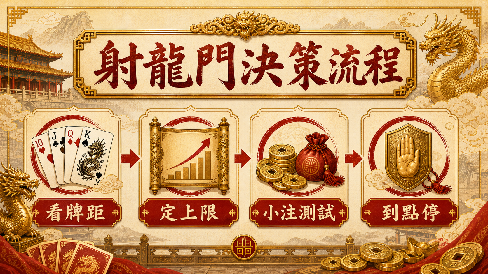 3A娛樂城射龍門決策流程圖，包含看牌距、定上限、小注測試與到點停